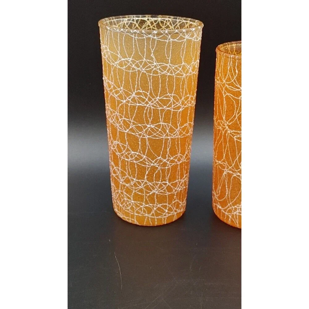 Pair 2 Spaghetti String Glasses Tumblers Rubber MCM VTG 50s 16 oz & 12 oz Orange